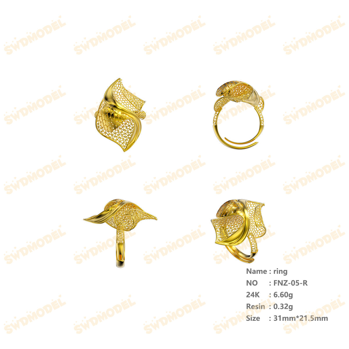 Jewelry set Filigree Ring White Wax Casting Resin 3D Printing Service  FNZ-05-R