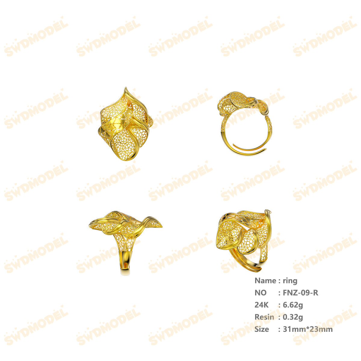 Jewelry set Filigree Ring White Wax Casting Resin 3D Printing Service  FNZ-09-R