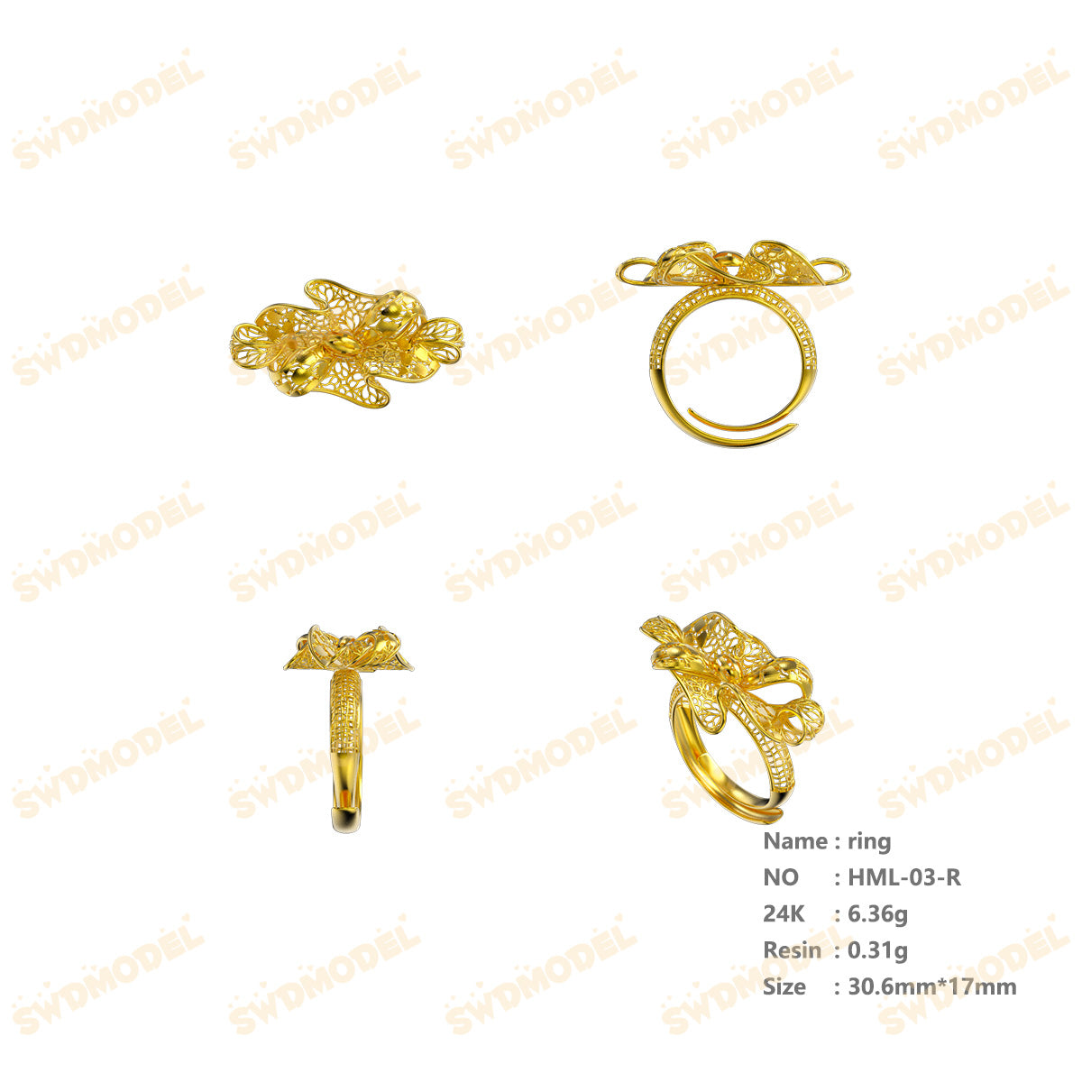 Jewelry set Filigree Ring White Wax Casting Resin 3D Printing Service  HML-03-R